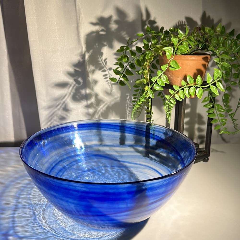 XL Vintage Cobalt Blue Artistic Accents Large Turkish Glass Swirl Bowl